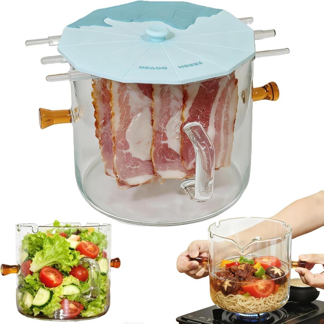 Glass Bacon Cooker, Microwave Bacon Tray for Oven, Heat-Resistant Borosilicate Glass Cooking Pot for Stove, Grease Easy Cleanblue