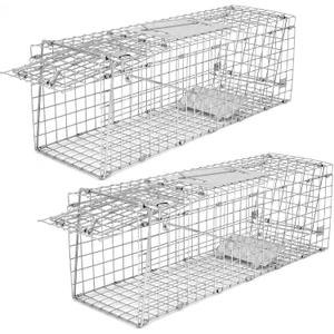 Qualirey 2 Pack Live Animal Trap Cage 24.41 x 7.09 x 8.27 Inch Cat Trap Cage Foldable Steel Humane Catch and Release Animal for Groundhog Squirrel Raccoon Mole Gopher(Silver)