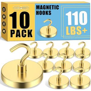 VNDUEEY Magnetic Hooks Heavy Duty, 110 Lbs Super Neodymium Metal Hooks for Hanging, Strong Magnets with Hook for Fridge, Cruise Magnet Hooks for Coat, Banner, Toolbox, and Storage (Gold, Pack of 10)