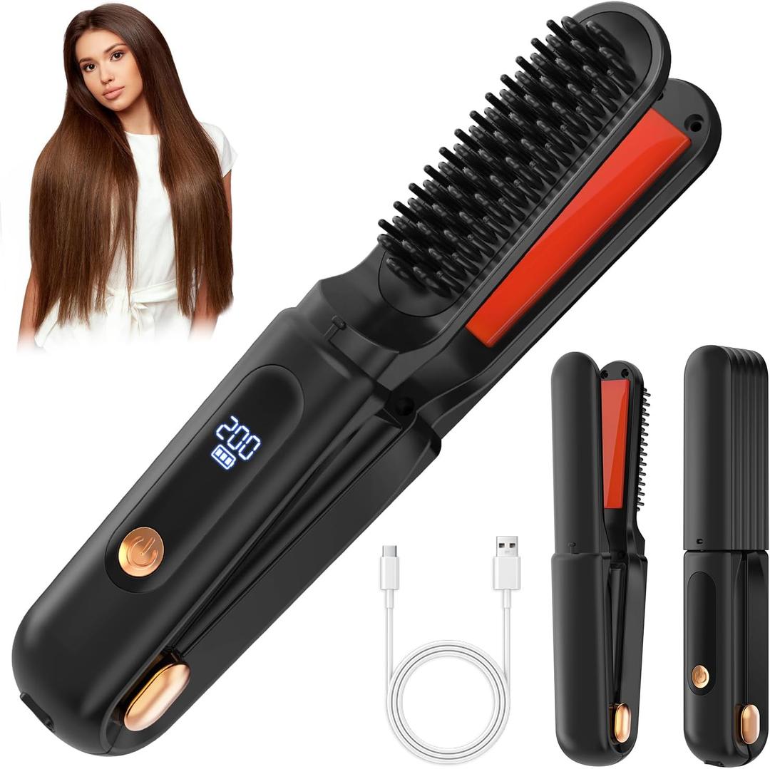 Cordless Hair Straightener Brush 3 in 1,Cordless Rechargeable Hair Straightener Comb Clip 5000mAh,Portable Travel Straightener,Mini Hot Straightening Comb for Women,Ceramic Coating,Black
