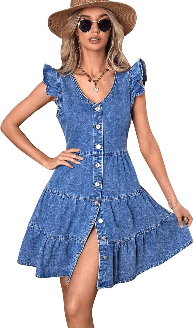 SweatyRocks Women's Cap Sleeve V Neck Button Front Dress A Line Ruffle Hem Denim Short Dresses (Medium)