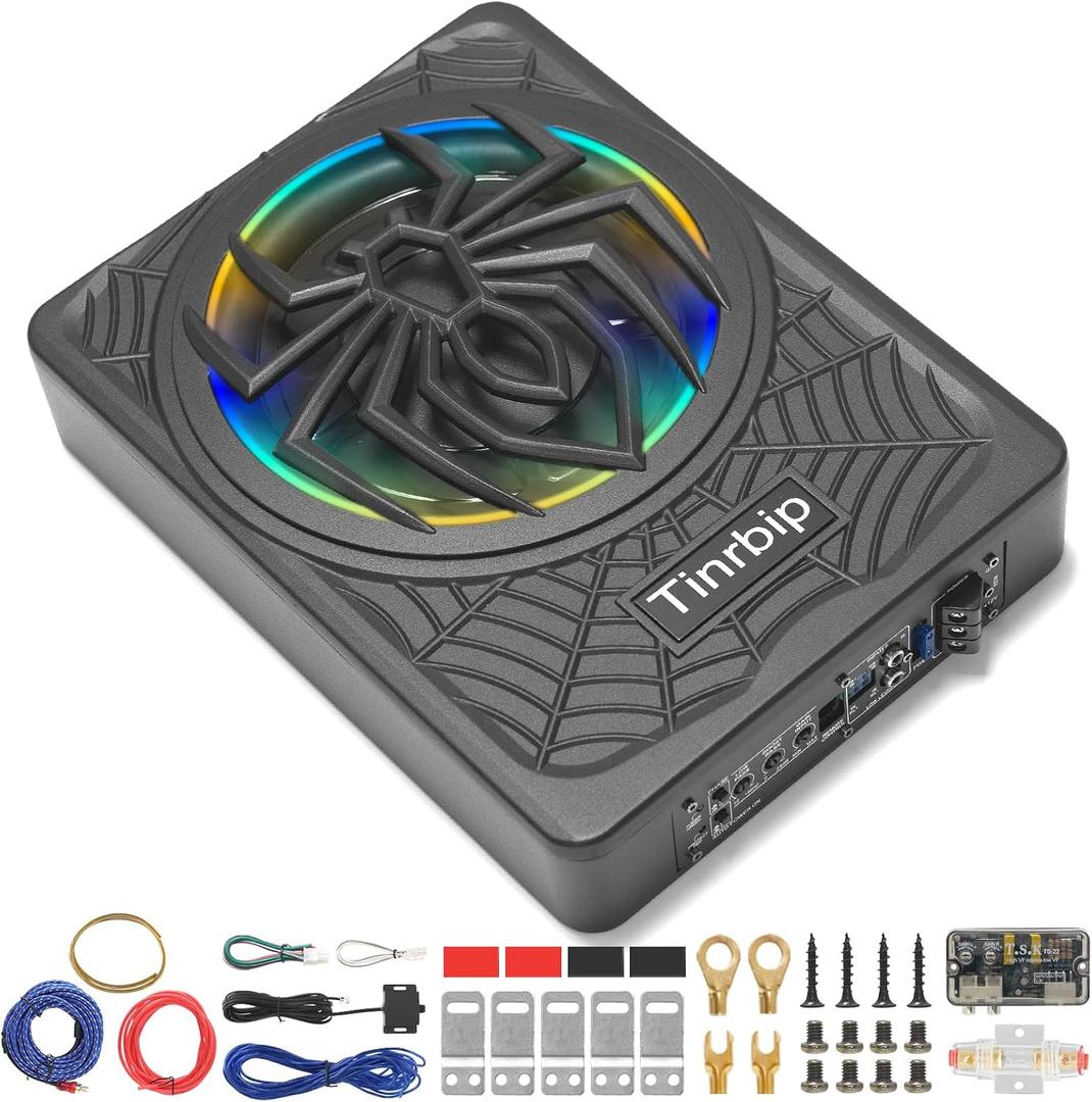 2025 Upgraded 10" 1250W Subwoofer, Slim Under Seat Powered Car Subwoofer, Car/Truck Audio Sub Built in Amplifier Amp Package with Colorful LED Light, Enjoy Audio Experience
