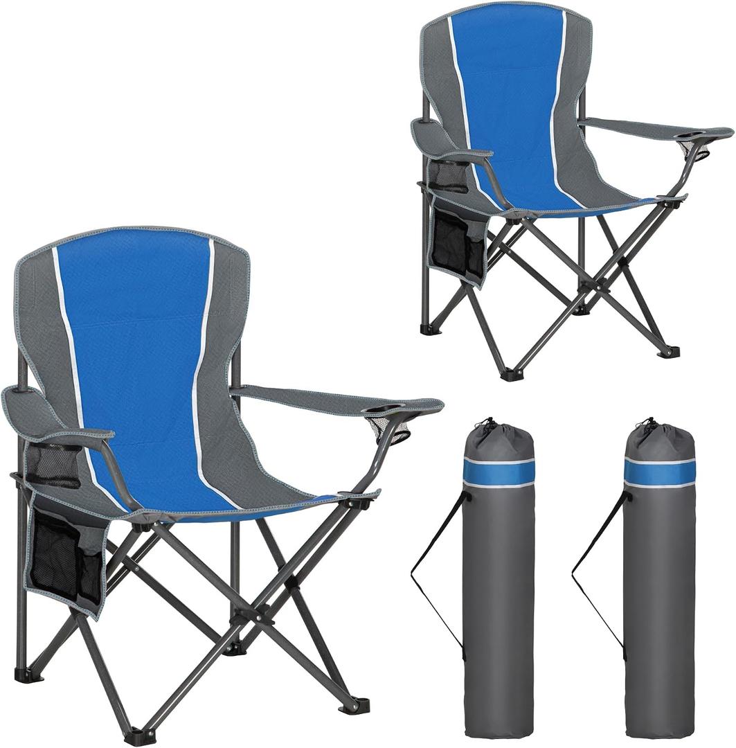 HIGH POINT SPORTS Portable Camping Chair, Heavy Duty Outdoor Folding Chair with Armrest, Foldable Camp Chair with Cup Holder for Camping, Support 350 LBS, Blue-Gray, 2 Pack, Twin Pack