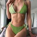 ZAFUL Bikini Sets for Women Halter Two Piece Swimsuit Ribbed High Cut Tie Side Thong Bathing Suit Sexy Padded Swimwear (Green, S)