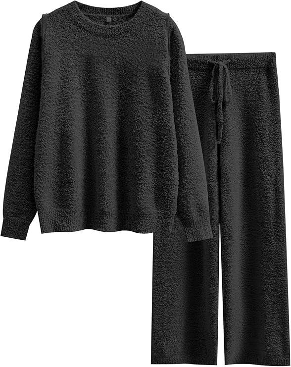 ANRABESS Women's Fuzzy Fleece Pajama Sets 2 Piece Outfits Long Sleeve Top Wide Leg Pants Lounge Matching Set 2025 Fall Winter. Medium