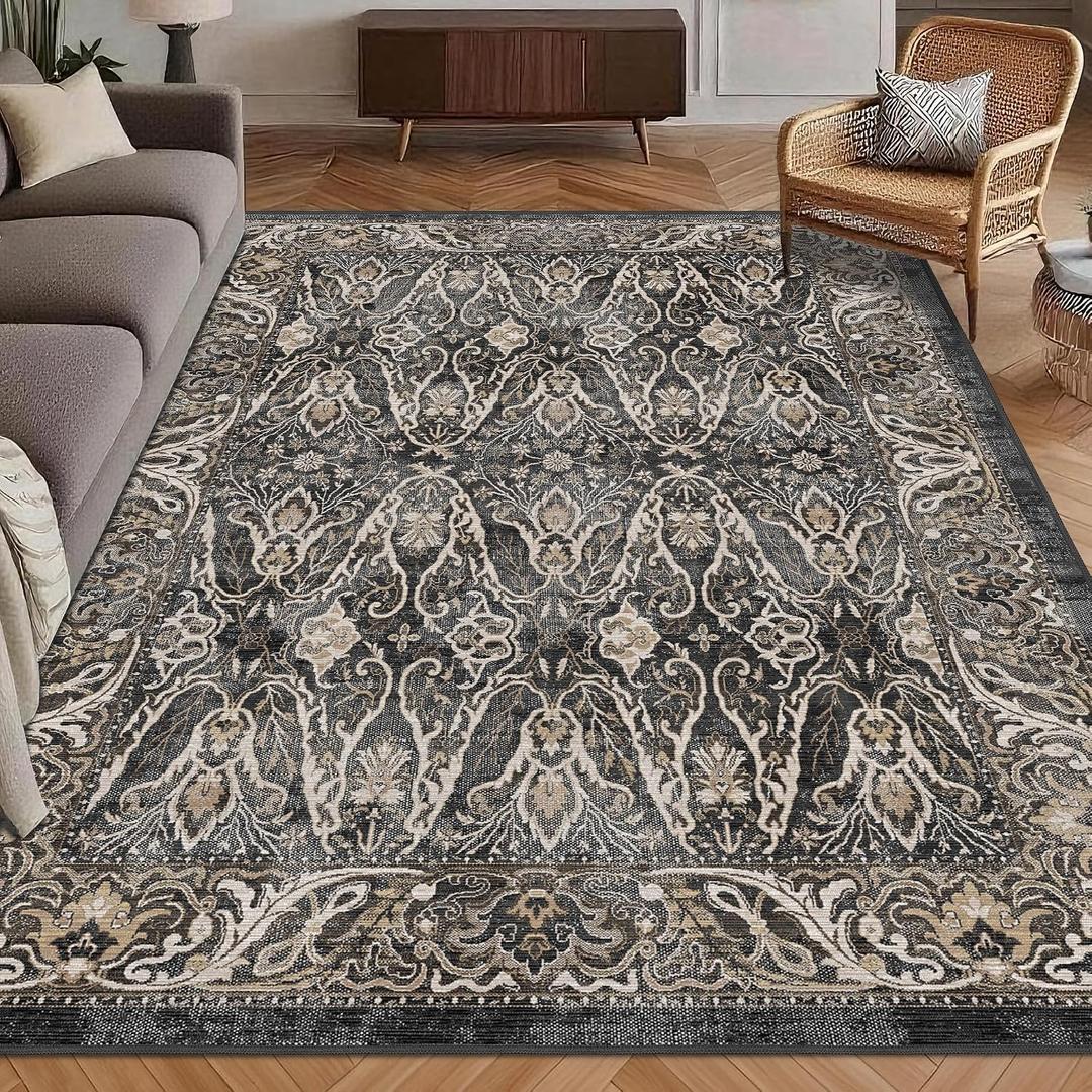 Washable Area Rug 3' x 5 ' Vintage Traditional Persian Mat - Foldable Distressed Non-Slip Machine Washable Carpet for Living Room Bedroom Kitchen Home Decor - Ebony and Taupe