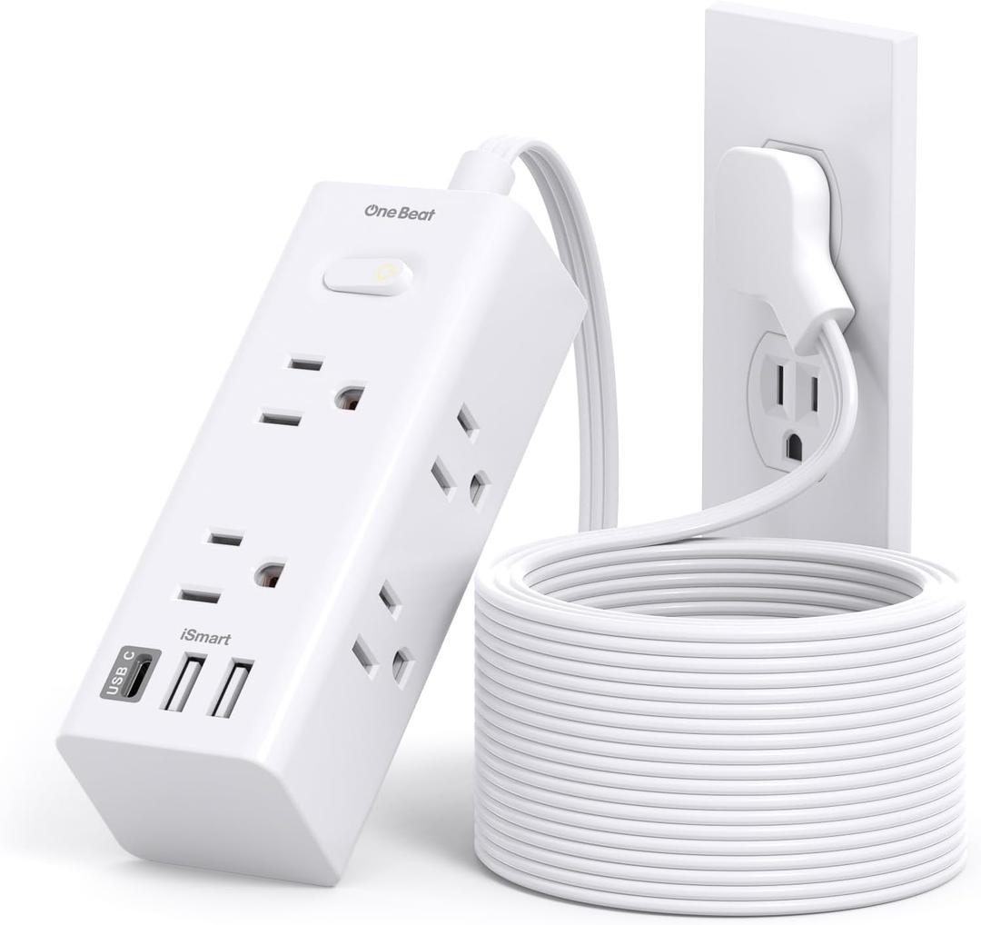15Ft Extension Cord with Multiple Outlets, Flat Plug Power Strip Surge Protector with 15 Ft Long Cord, 6 Outlet 3 USB Ports (1 USB C), Multi Outlet Wall Plug for Travel, College, Dorm Room Essentials (White)