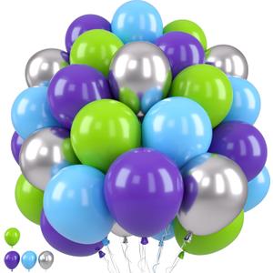 Green Purple Blue Balloons, Green Blue Balloon Purple Teal Silver Balloon Grassy Balloons for Birthday Boys Girls Baby Shower Monster Theme Party Wedding Anniversary Decorations Supplies