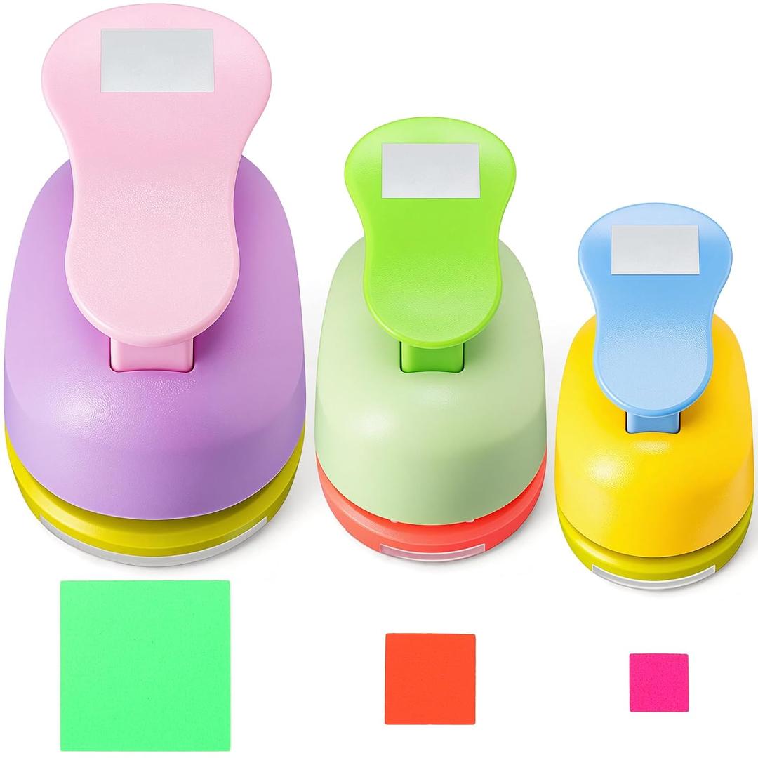 Chengu 3 Pack Square Craft Hole Punch 2, 1 and 5/8 Inch Punch Paper Punchers with 10 Pcs Sticker, Cutter Purple Green Yellow for Card Making Scrapbook DIY Albums Photos Office Supplies