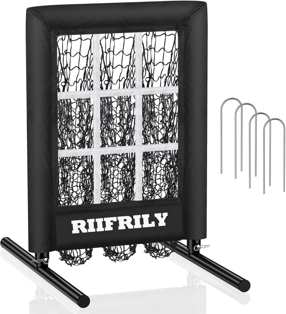 Heavy-Duty 9 Hole Baseball Pitching Net with Pitching Target Pockets, Regulation Size Strike Zone, Portable Adjustable Height Pitcher Training Equipment for Baseball/Softball Practice