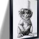 Orvannaatr Monkeys wearing glasses - black and white cartoon illustration Fun home decor canvas print with frame Suitable for bedrooms, kitchens and bathrooms Frameed animal art piece