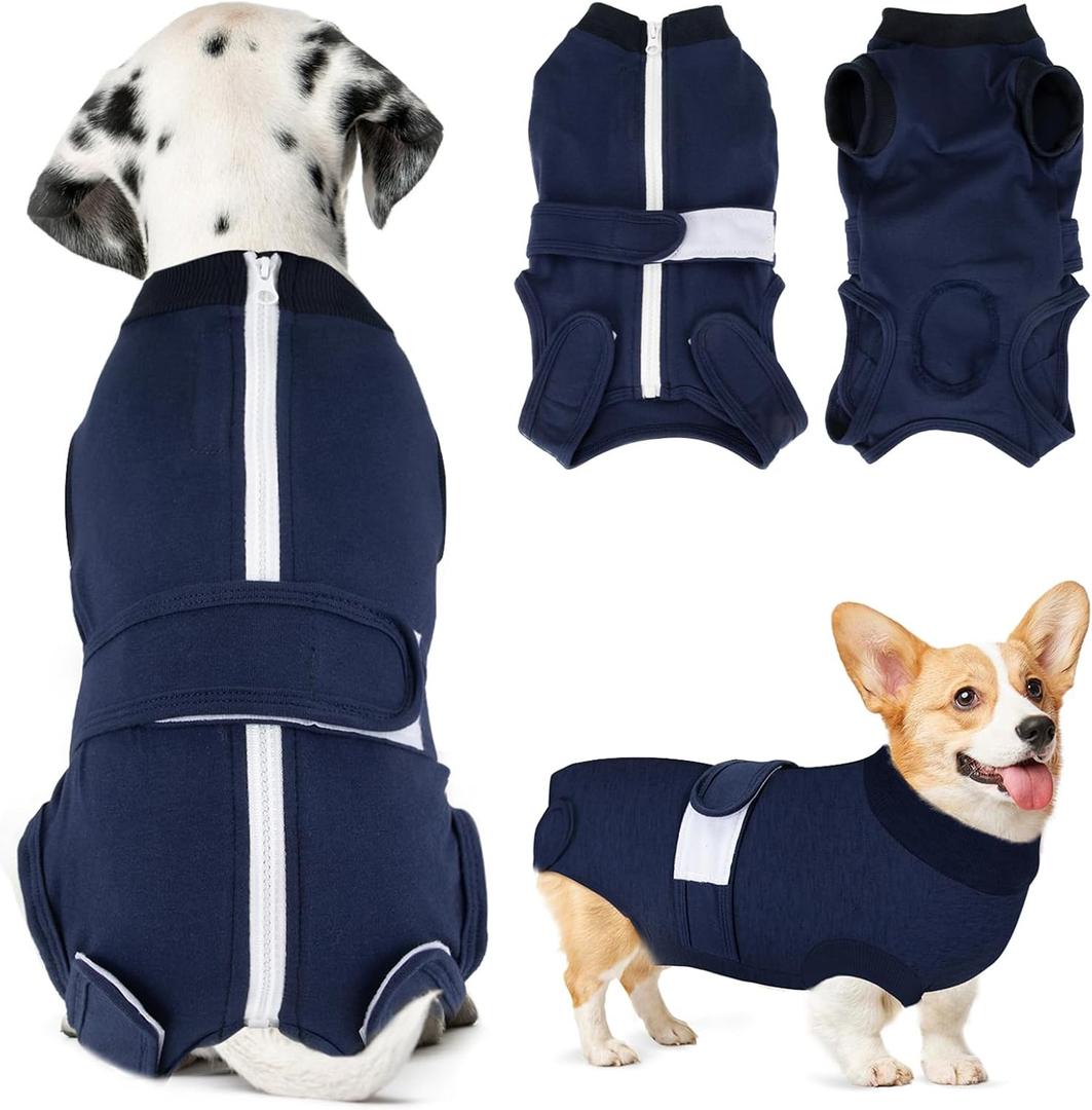 SlowTon Dog Surgery Recovery Suit - Zipper On Dog Onesies After Surgery for Female Male Dogs, Abdominal Wounds Bandages Cone/E-Collar Alternative Surgical Body Suit (Dark Blue,XS)