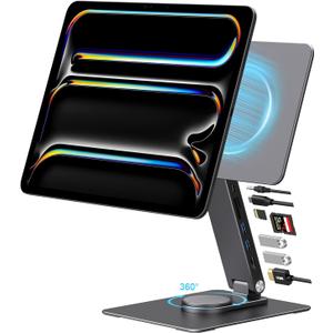 iPad Pro Magnetic Stand Hub for iPad Pro 13 inch (M4) 2024, Foldable Stand Dock Holder with 360 Rotation, 4K HDMI, Card Readers, USB3.0 5Gbps, 100W PD, 3.5mm Audio