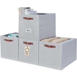 DECOMOMO Storage Baskets, 13x15x13 Storage Cube Bins with Labels for Organizing Shelves (Kallax / 4pcs, Light Texture Grey)