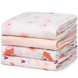Momcozy Muslin Swaddle Blankets, 4 Pack Soft and Breathable Skin-Friendly Large 47 X 47 Inches Neutral Matching Baby Swaddling Receiving Blankets for Newborn Girls and Boys (Heart Flower)
