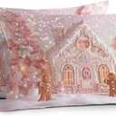 Christmas Tree Outdoor Waterproof Pillow Covers 20x12 Pack of 2 Pink Xmas Ginger Bread Man House Snowflake Fantasy Decorative Outdoor Pillow Covers Square Cushion Cases for Patio Pergola Couch (Light Pink Light Brown White)