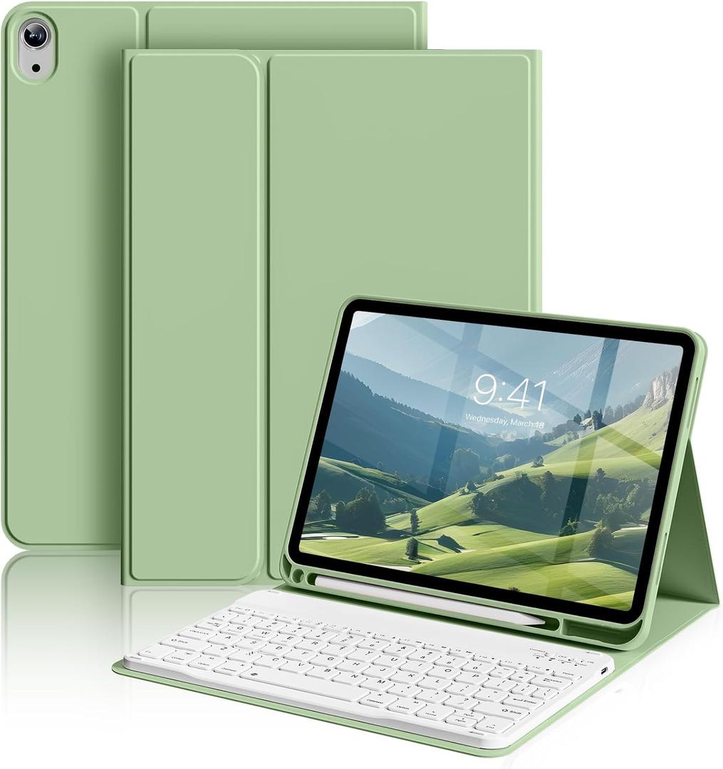 aoub Keyboard Case for iPad (A16) 11th Gen 11 Inch 2025, iPad 10th Generation 10.9 inch 2022 with Pencil Holder, Stand Folio Detachable Wireless Bluetooth Rechargeable Keyboard, Light Green