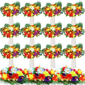 Hotop 72 Pcs Light up Hawaiian Flower Centerpieces for Tables Hibiscus Bouquet Palm Leaves and Light Up Centerpieces for Tables