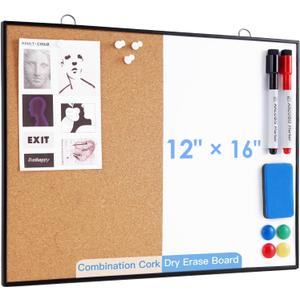 ARCOBIS Cork Board White Board Combo, 12"X16" Small Bulletin Board for Wall, Double-Sided Magnetic Dry Erase Corkboard, Vision Whiteboard for Office,Home,School, Black