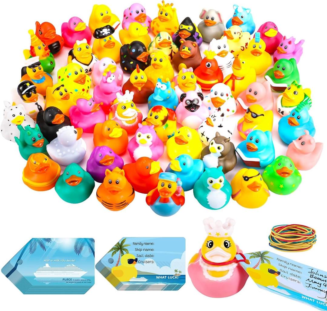 100Pcs Cruise Ducks Tags Kits Includes 30 Cruising Ducks with 30 Cruise Duck Tags & 40 Rubber Bands Assorted Random Rubber Ducks for Valentine's Day Exchange Gifts Cruise Ship Hiding Ducks