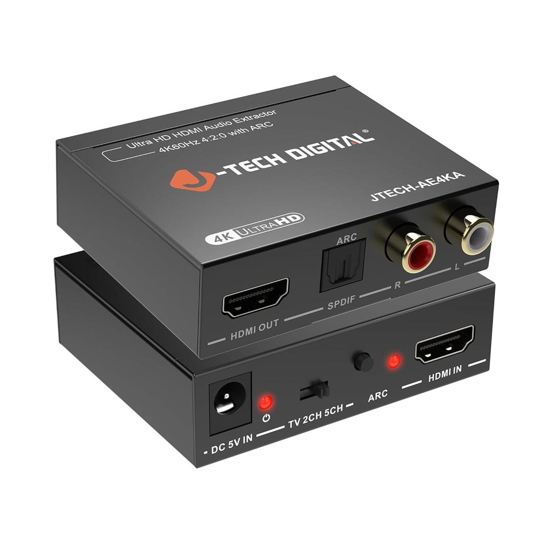 J-Tech Digital HDMI Audio Extractor 4K 60Hz & ARC Support, HDMI to RCA Optical Compatible with Dolby Digital DTS Stereo for Laptop Blu-Ray Gaming Consoles (JTECH-AE4KA)