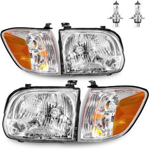 Headlights W/Bulbs for 2005 2006 Toyota Tundra 4Dr Double/Crew Cab, 2005-2007 Sequoia Sport Utility Headlamp Replacement Driver & Passenger