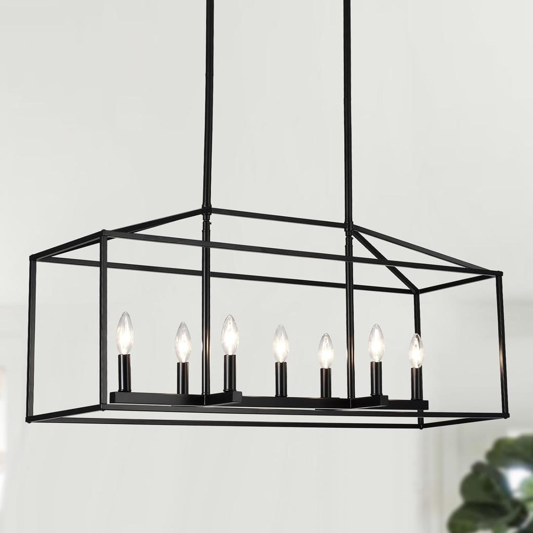 ALISADABOY Black Chandeliers for Dining Room Farmhouse 7 Light Rectangle Kitchen Island Lights Modern Large Linear Pendant Chandelier Lighting Fixtures for Living Room, Bar, Over Dining Table (Black 7 Light)