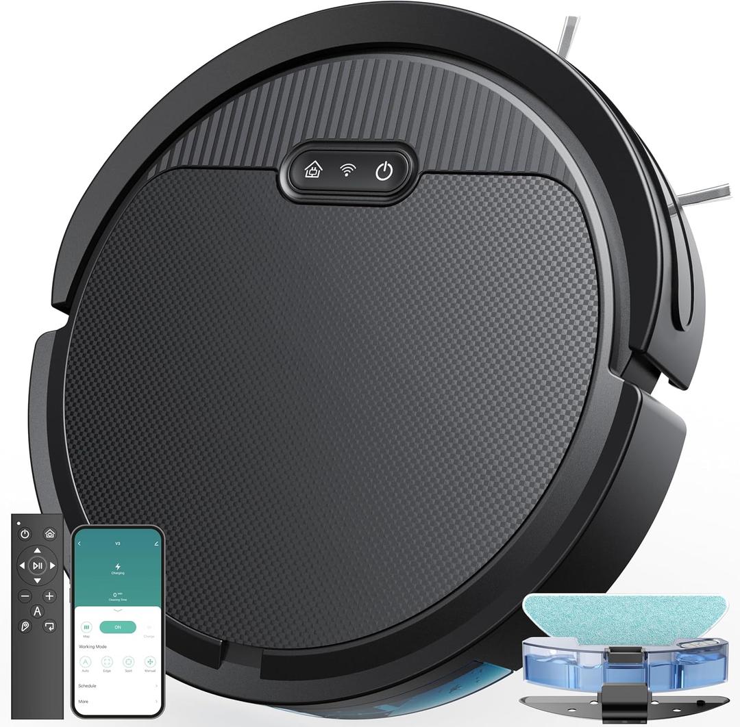 V3 Robot Vacuum and Mop, 3 in 1 Combo Cleaner for Home with Pet Hair and Hard Floor, 5000Pa Suction, 120 Mins Run Time,Super Thin Body & Large Dust Box, Self-Charging,App + Alexa-Black