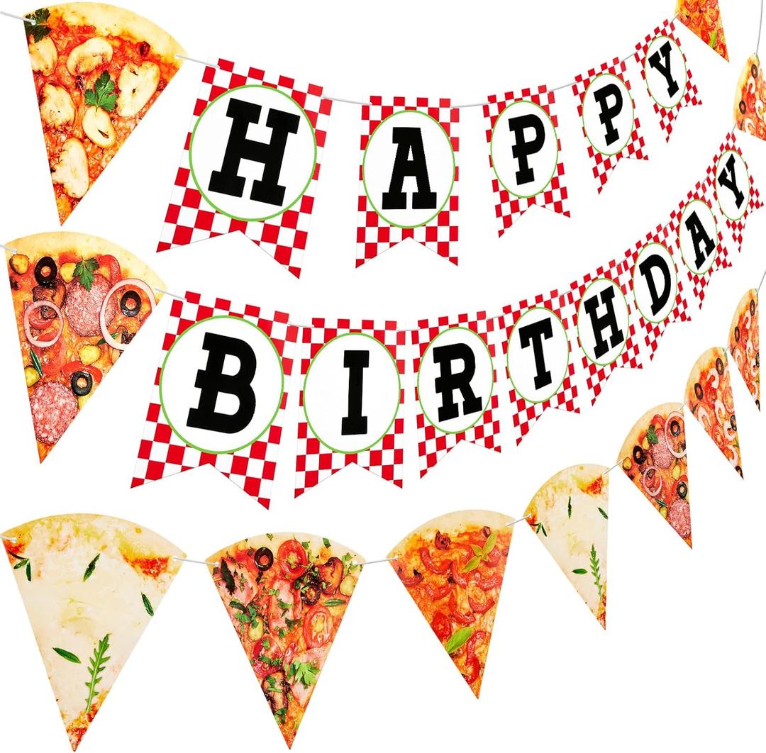 Containlol 3 Pieces Pizza Party Decorations Pizza Banner Garland Supplies Happy Birthday Pennant Banner for Birthday Party Pre Assembled Hanging Decoration