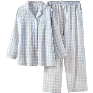 Women's 2 Piece Cotton Pajama Sets Long Sleeve Sleepwear Button Down Soft Lightweight Pj Pants Set With Pockets (Large, Blue)