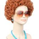 Women Red Orange Costume Wig with Glasses Necklace and Earrings Short Curly Afro Hair Wigs for 70s Romp Cosplay Halloween Party (Orange)