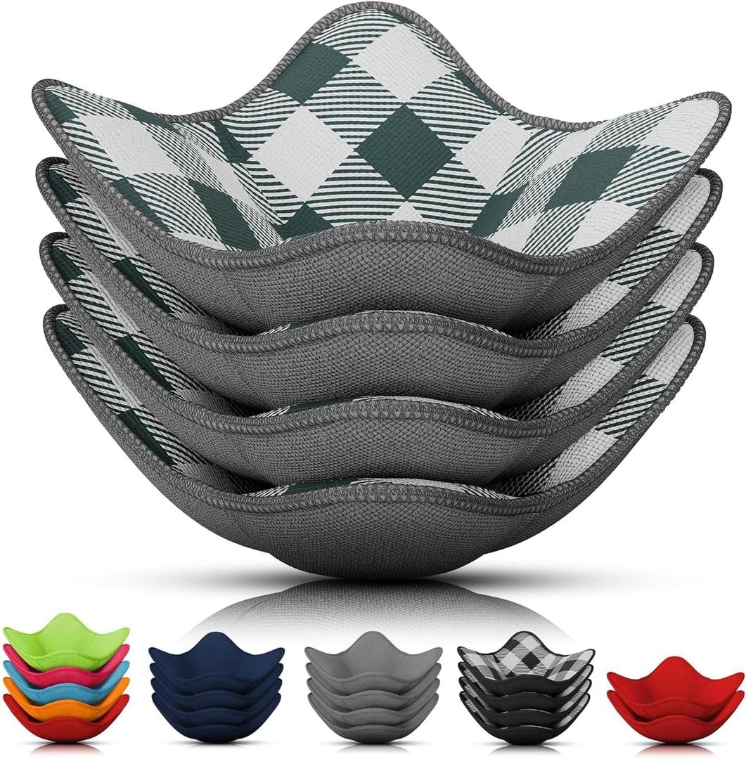 4 Pcs Microwave Bowl Cozy Holders  Microfiber Fabric Bowl Holders for Hot Food, Fits Most Bowls up to 6.5" & Plates 7.1"  Protect Hands from Hot Dishes, Soft Feel for Safe & Convenient Kitchen Use (Grey Pattern)