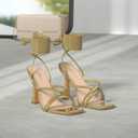Mostrin Womens Sandals Strappy Heels for Women Lace Up Square Open Toe Heels Tie Up High Heeled Sandals for Prom, Party, Daily Wear, Gold, 11