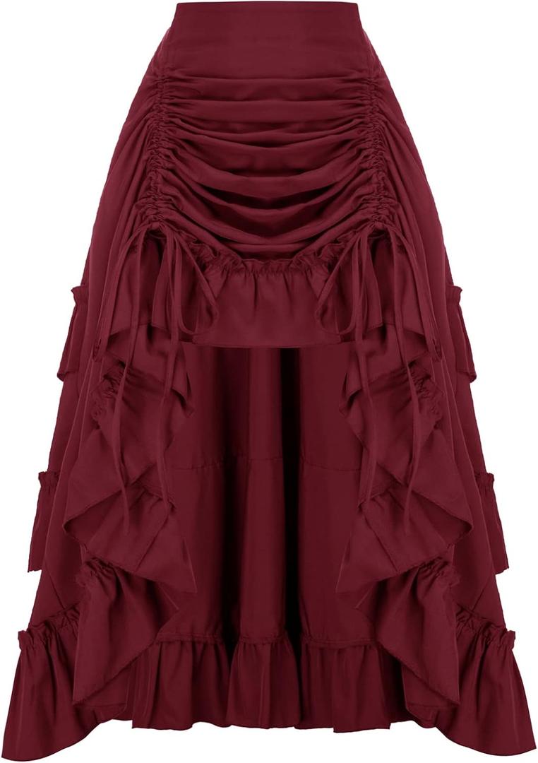 SCARLET DARKNESS Women's 2026 Summer Skirt Gothic Steampunk Skirt Renaissance High-Low Bustle Skirt (XX-Large, New Ruffle-wine)