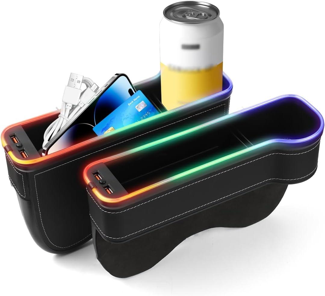 RGB Color Changing LED Car Seat Gap Filler Organizer Console Side Seat Gap Storage Box with Cup Holders and USB Chargers for Car Interior Accessories (2 Pack)