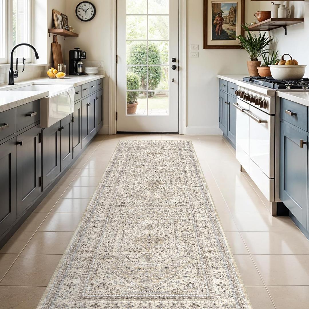 3x10 Washable Hallway Runner Rug - Non-Slip Vintage Kitchen Rugs Beige Gray | Low Pile Thin Wide Carpet for Entryway Soft Pet-Friendly Floor Mat for Living Room Bedroom Laundry Indoor Decor