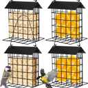 Nuogo 4 Pcs Wild Bird Feeder Squirrel Proof Outdoor Hanging Suet Holder with Metal Roof and Platform Outside Cake Suet Feeder Rainproof Cage for Oriole Hummingbird Chickadee Nuthatch(Black)