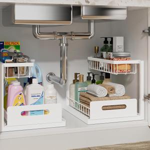 REALINN Under Sink Organizer, Pull Out Cabinet Organizer, 2 Tier Metal Slide Out Shelf with L Shaped Design for Kitchen, Bathroom, Laundry, and Utility Cabinet Storage for Deep Cabinets, White, 2 Pack