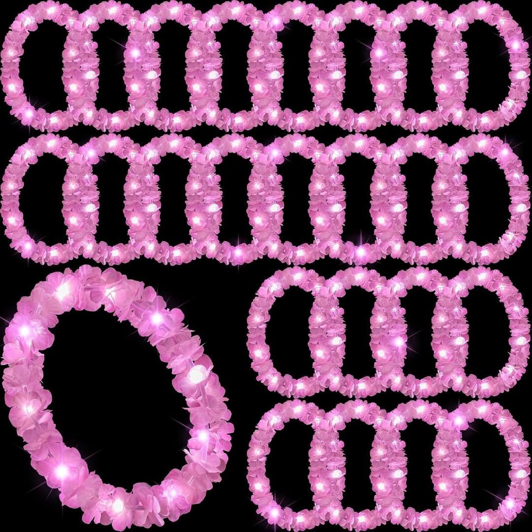 Sherr 24 Pcs LED Light Pink Leis Light up Wedding Hawaiian Leis Flower Necklace with LED Lights Beach Tropical Carnival Party Wedding Supplies Luau for Masquerade