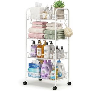 PLKOW 4-Tier Metal Rolling Utility Cart, Multi-Functional Storage Cart for Office, Living Room, Kitchen, Bathroom, Lightweight Organizer Cart with Wheels, White