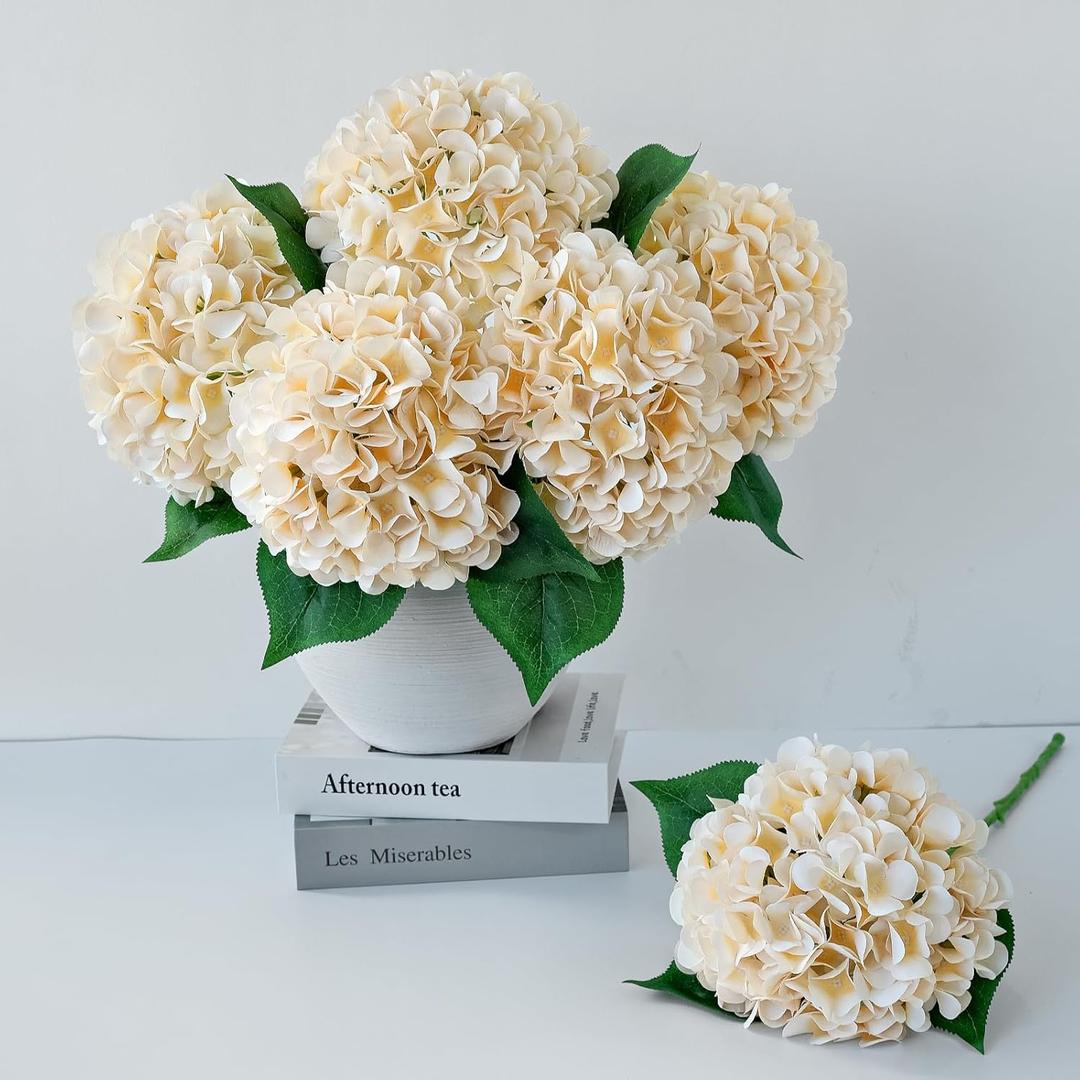 5 Pcs Champagne Silk Hydrangeas Aritificial Flower Boho Dried Touch Hydrangeas 20'' Faux for Fall Home Decor Kitchen Living Room Porch Wreath Xmas Wedding Flower Arrangement