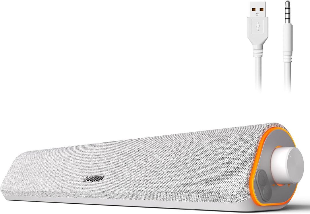 SOULION R50 Bluetooth Computer Speakers, 3.5mm PC Sound Bar for Desktop Monitor, Wired USB Powered & Colorful LED Lights with Switch Button, Surround Sound Soundbar PC Spearkers for Computer, White