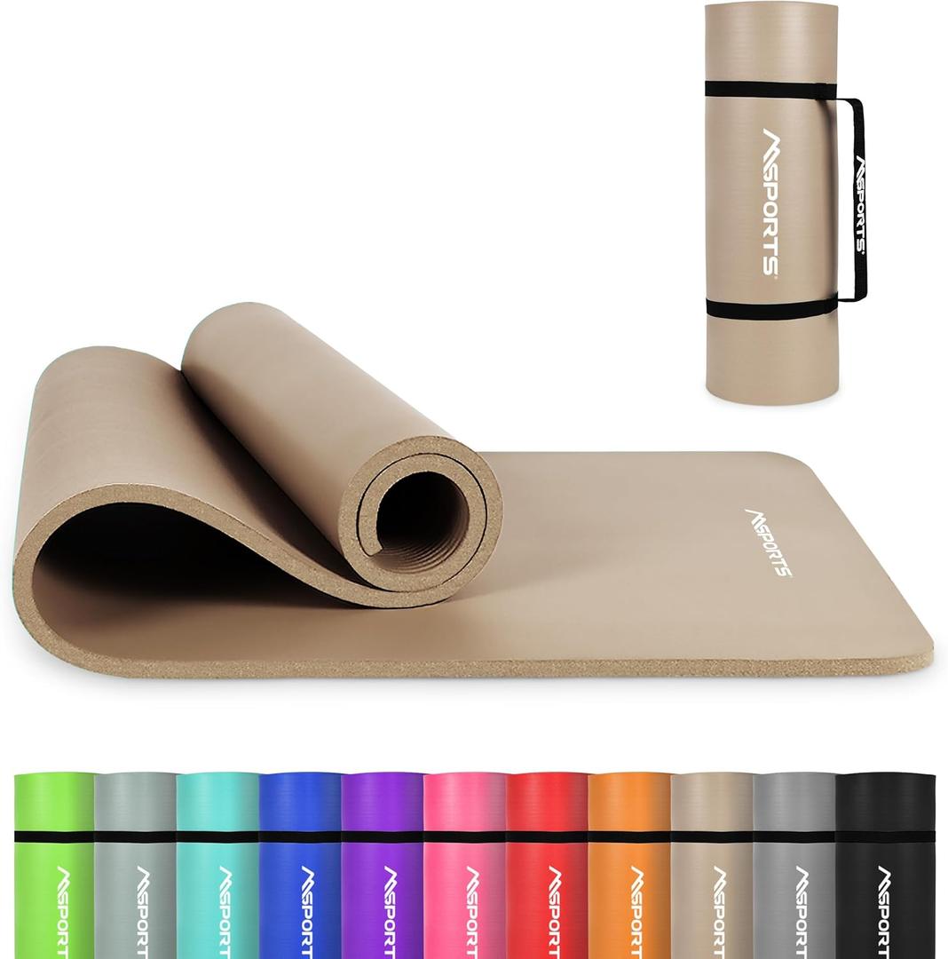 Yoga Mat Premium Non Slip Thick  Extra Comfortable Exercise Mat for Home Workouts, Pilates, Stretching & Gym  Cushioned NBR Foam, Gym Mat with Strap, for Women & Men (74.5 x 32 x 0.6 in, Beige)