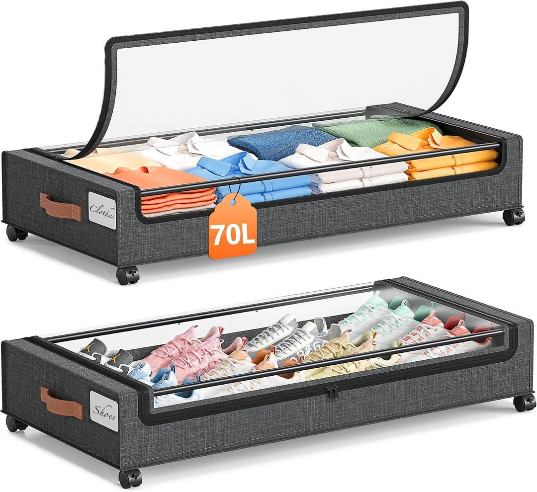 Yecaye 70L Under Bed Storage with Wheels, 2Pack Larger Capacity Under Bed Storage Containers, Underbed Shoe Storage Organizer, Rolling Under Bed Metal Drawers for Clothes, Blankets (35.5 x 17 x 6.7in)