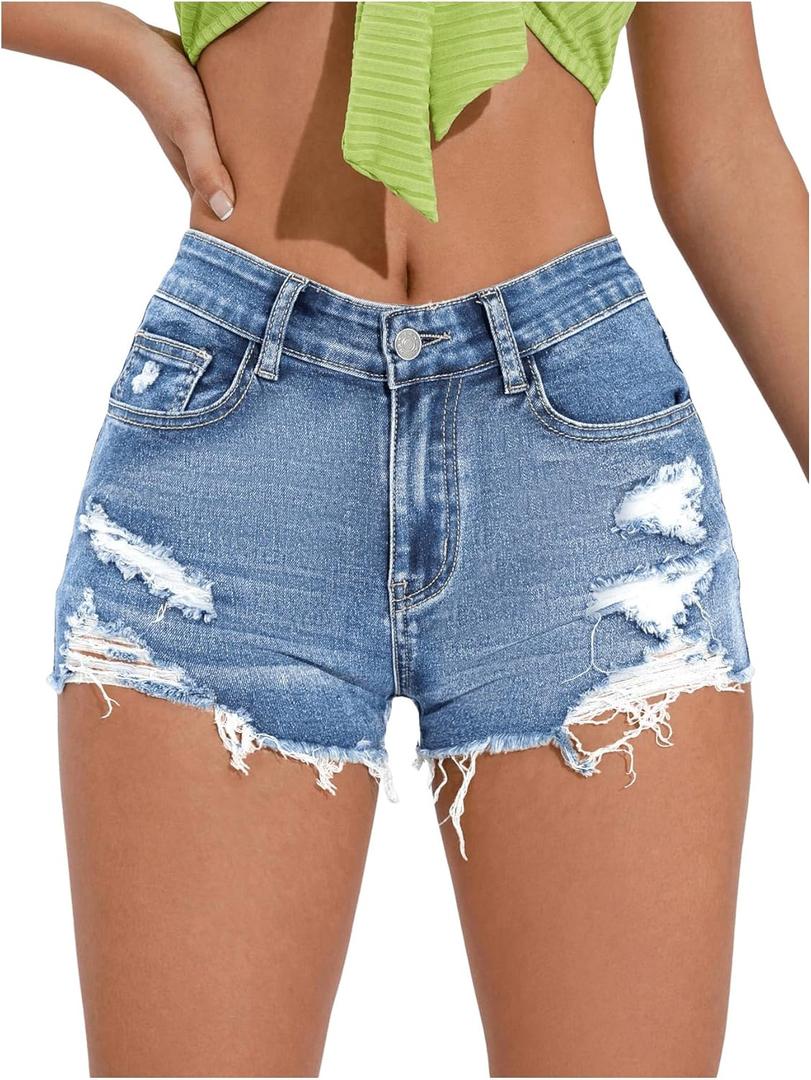COZYEASE Women's Ripped Raw Trim Denim Shorts Plain Zipper Fly Straight Leg Jean Shorts (Blue, S)
