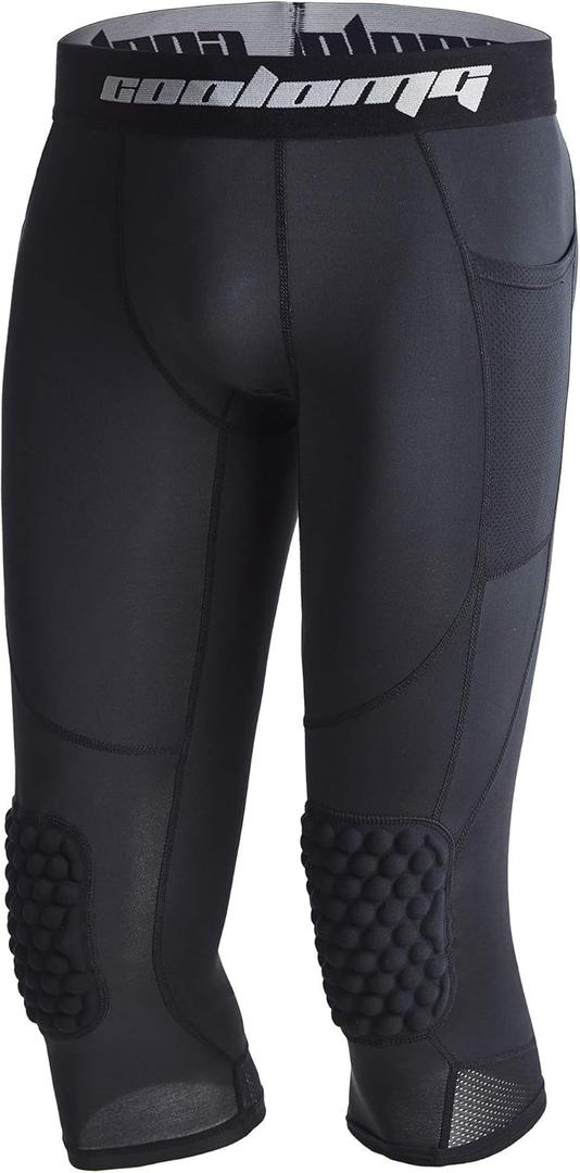 COOLOMG Basketball Leggings with Knee Pads for Kids Youth 3/4 Compression Pants Capri Tights Side Pockets (Medium, Black)