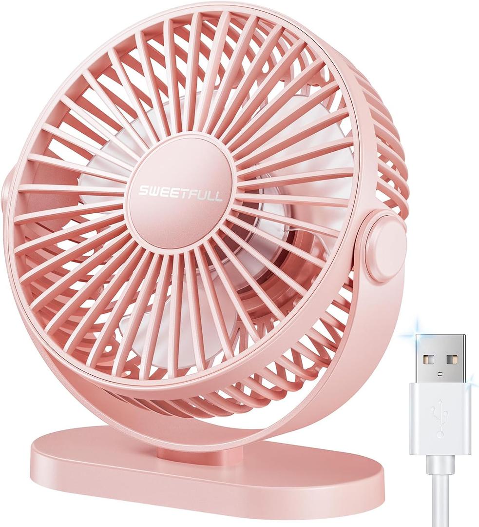 SWEETFULL USB Desk Fan Small Quiet - 3 Speeds Mini Personal Portable Fan 360 Rotation Adjustable, 5.5 Inch Office Table Cooling Gadgets on Desktop (Pink)