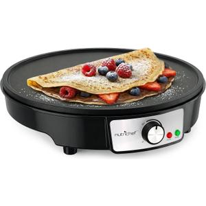 Nutrichef Electric Crepe Maker & Griddle Cooktop - Nonstick 12 Inch Aluminum Hot Plate with LED Indicator Lights & Adjustable Temperature Control - Wooden Spatula & Batter Spreader Included