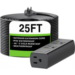 25FT Outdoor Extension Cord - Waterproof, Heavy Duty, Long, Outdoor Power Strip Surge Protector, Weather Resistant, Flame Retardant for Lawn & Garden (Black)