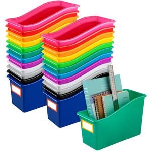 Jinei 24 Pack Multicolor Book Bins for Classroom Decor Bulk Plastic Bins with Name Labels Assorted Color Organization Book Bin Baskets Teacher Storage Boxes for Classroom Office